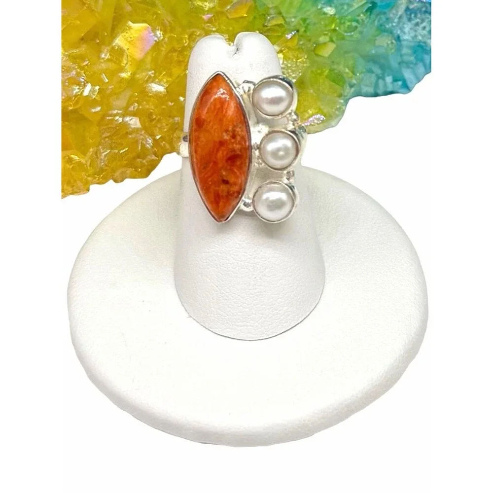 Orange Mohave Turquoise & Freshwater Pearl Ring Size 6 Solid 925 Sterling Silver